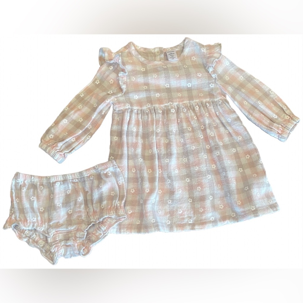 Nordstrom Dress Bloomers Set Ruffle 9 months Pink Plaid Flowers 100% Cotton EUC